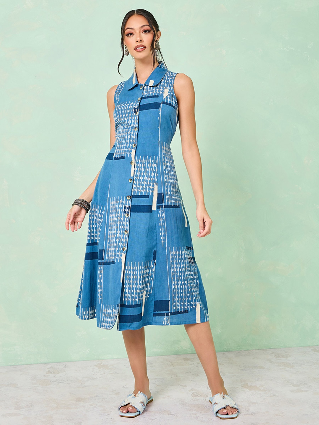 

Styli Blue Abstract Printed Sleeveless Peter Pan Collar Shirt Midi Dress
