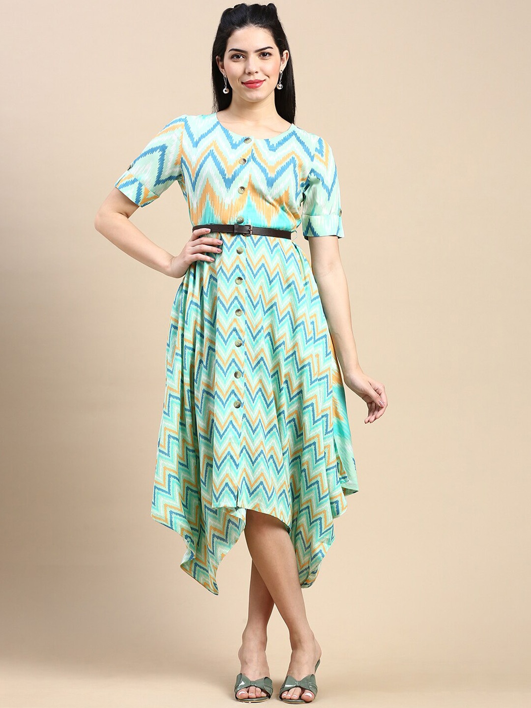 

Styli Chevron Printed Asymmetric Fit & Flare Midi Ethnic Dress, Turquoise blue