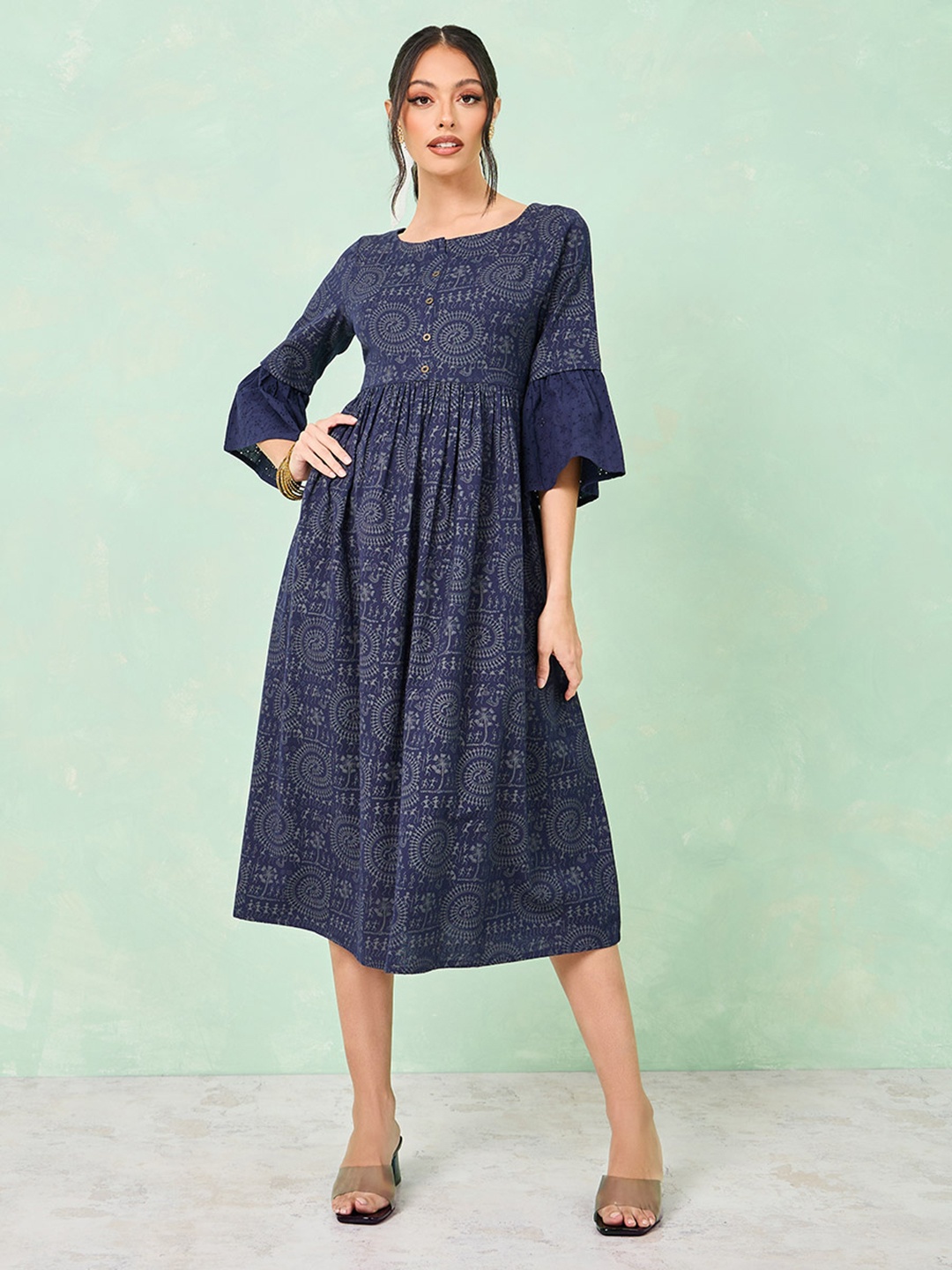 

Styli Ethnic Motifs Printed Bell Sleeves Fit & Flare Midi Dress, Navy blue