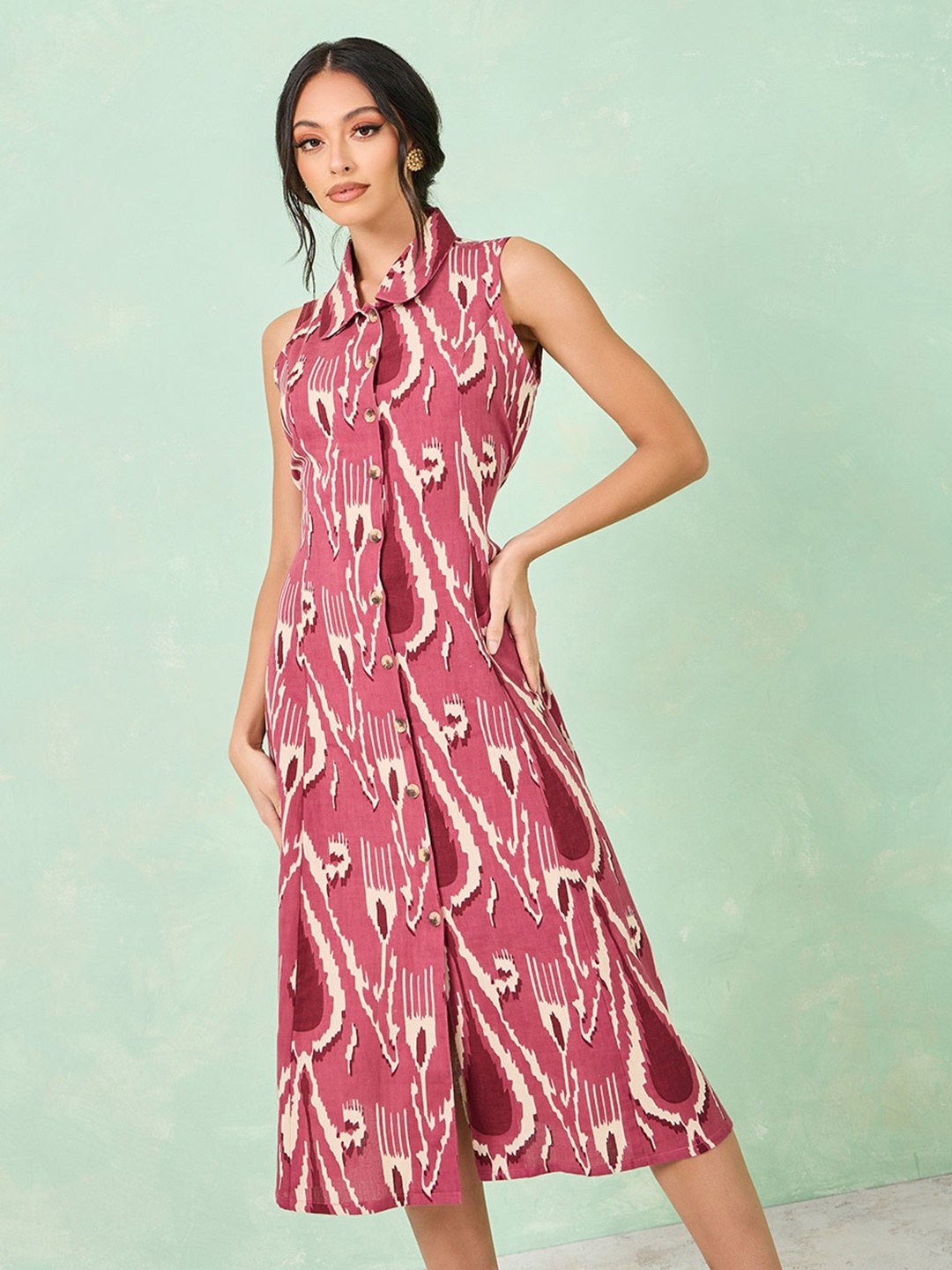 

Styli Ikat Printed Peter Pan Collar Cotton A-line Ethnic Dresses, Maroon