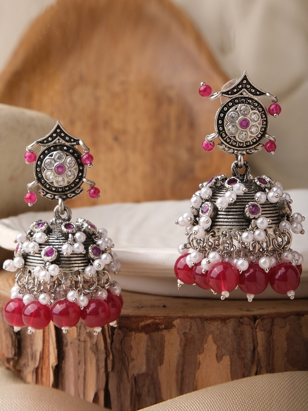 

XPNSV Silver-Plated Artificial Stones-Studded And Beaded Contemporary Jhumkas