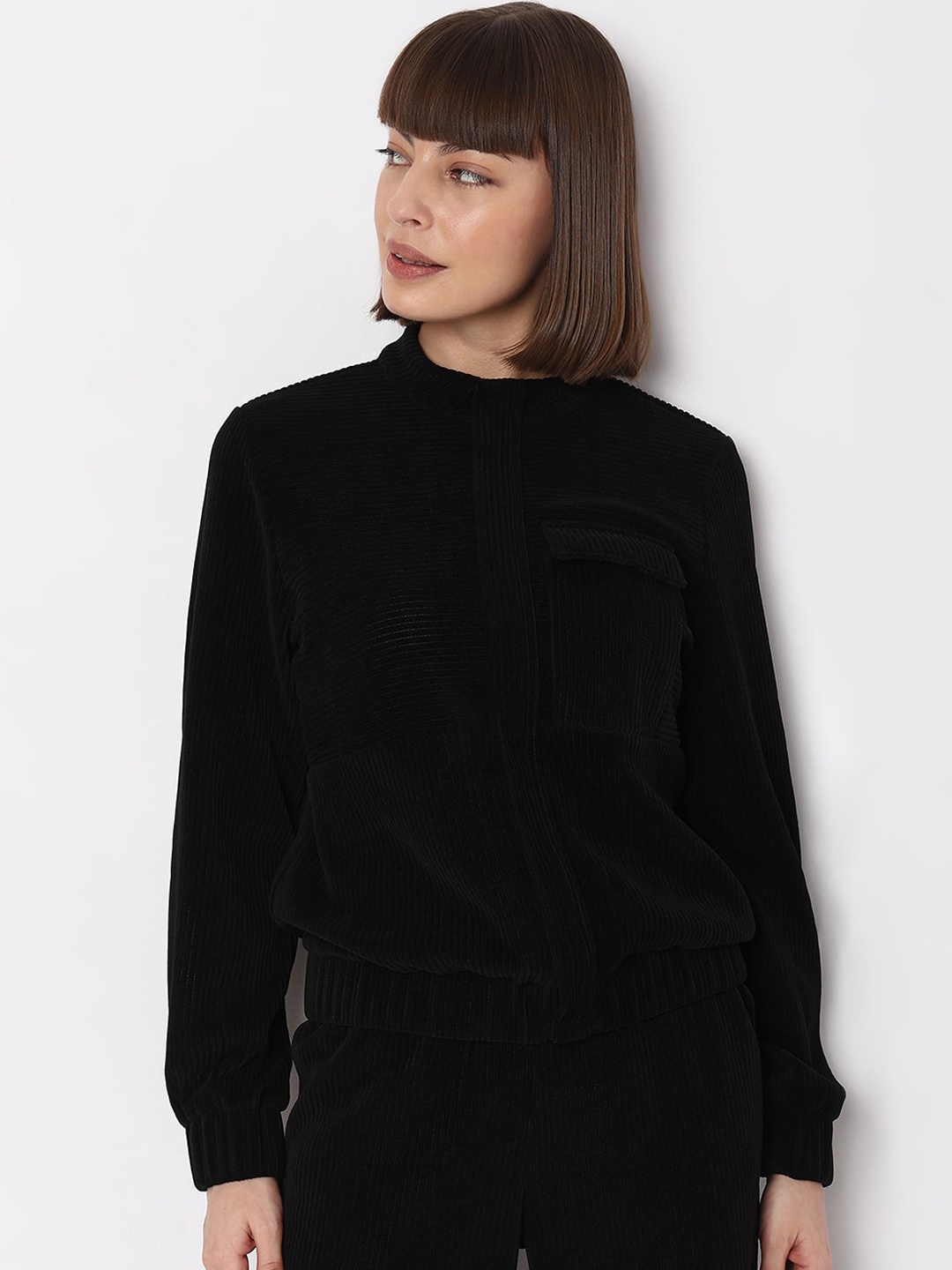 

Vero Moda Ribbed Mock Collar Crop Open Front Jacket, Black