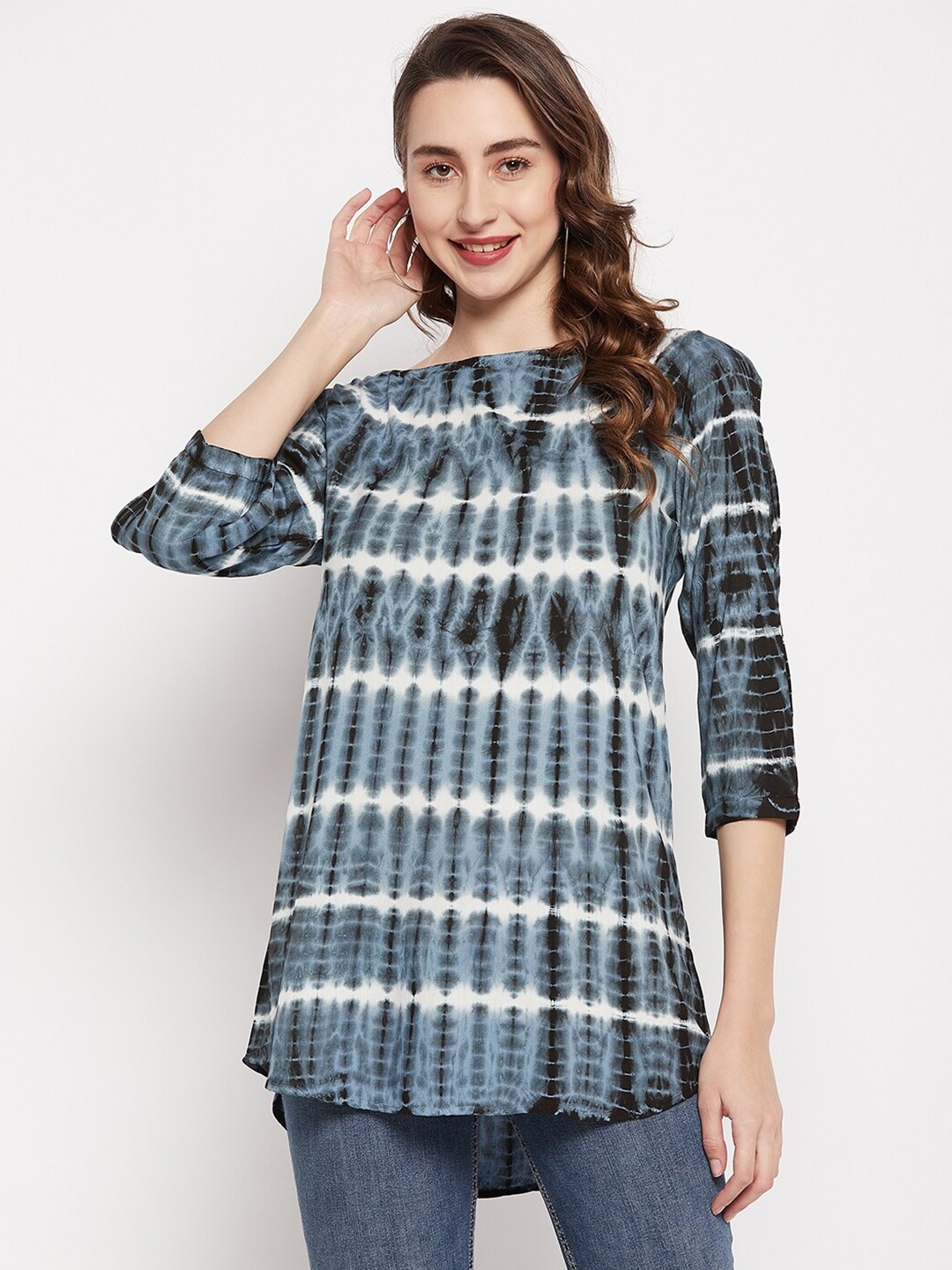 

BAESD Abstract Printed Boat Neck Slit Sleeves Top, Grey