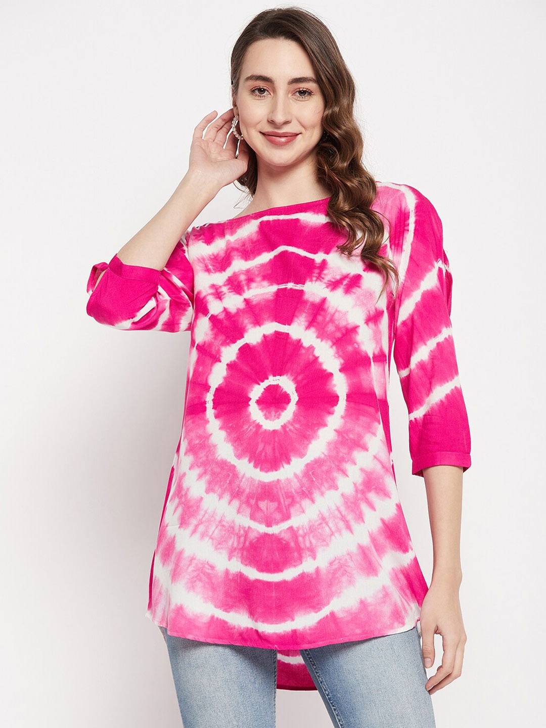 

BAESD Tie & Dye Boat Neck Slit Sleeves Longline Top, Pink