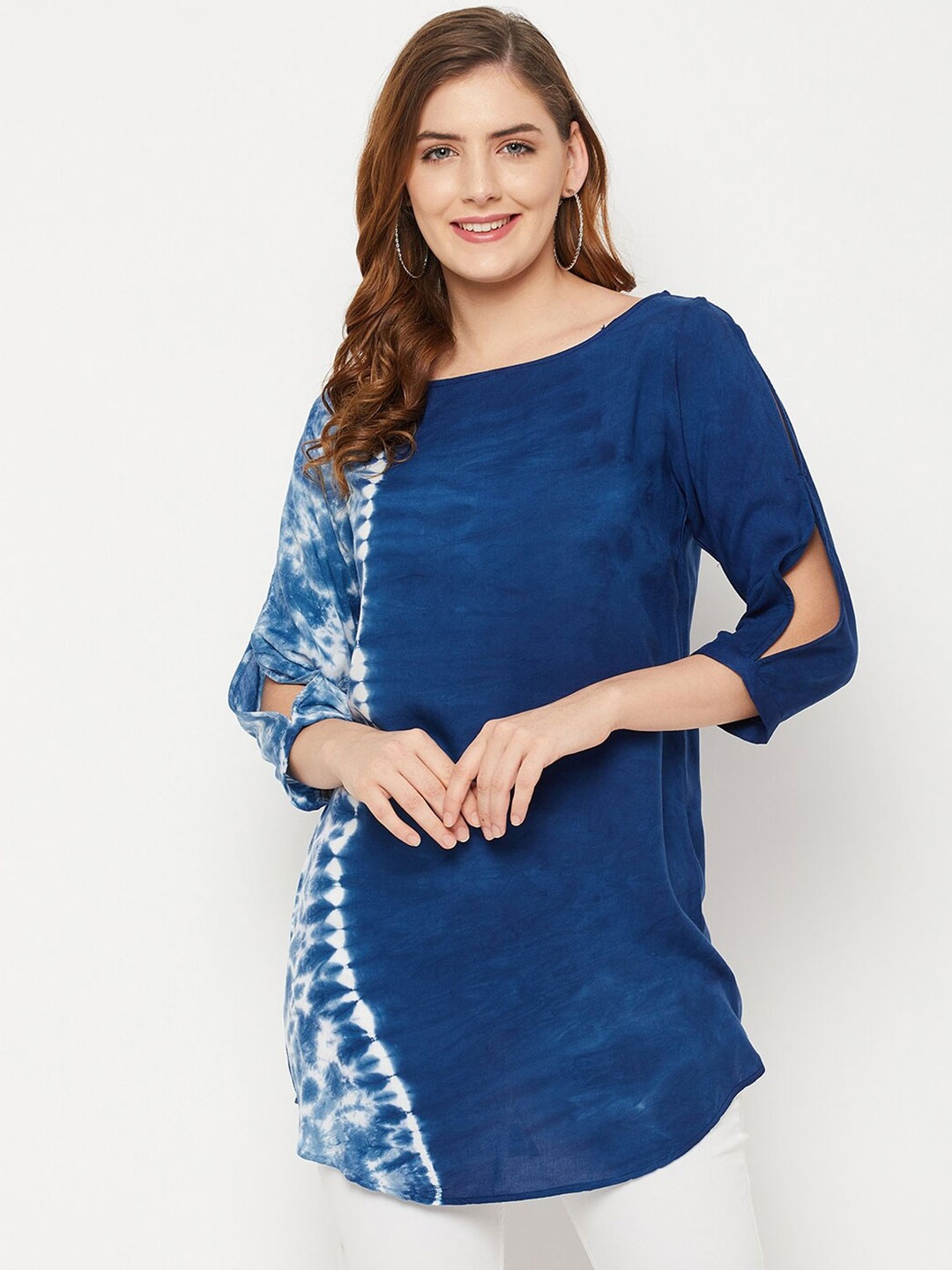 

BAESD Tie & Dye Boat Neck Slit Sleeves Longline Top, Blue