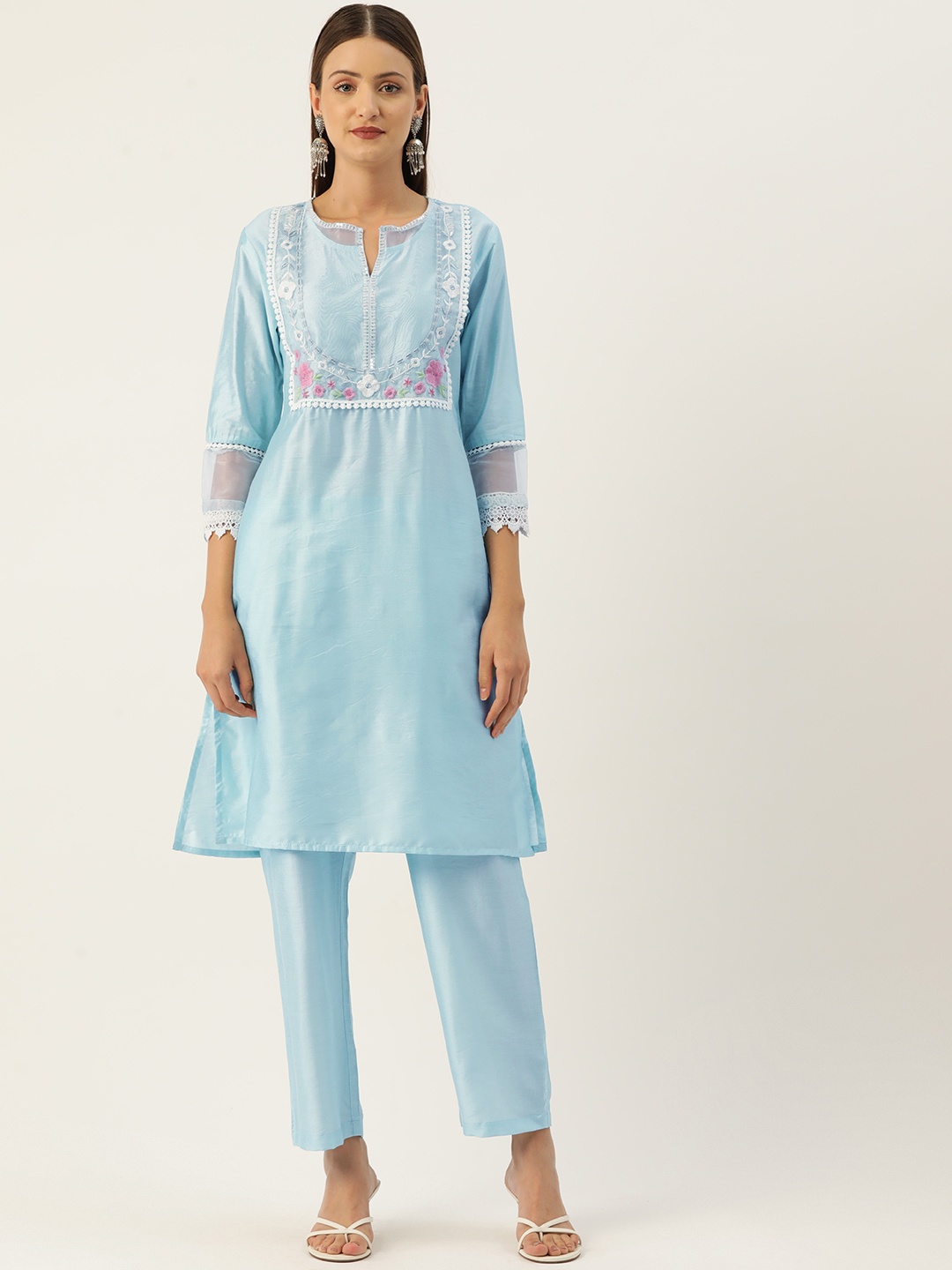

MISRI Floral Embroidered Regular Sequinned Pure Cotton Kurta with Trousers, Blue