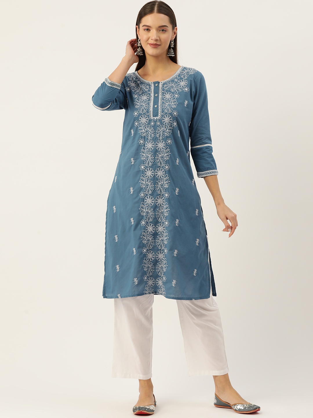 

MISRI Floral Embroidered Regular Sequinned Pure Cotton Kurta with Trousers, Blue