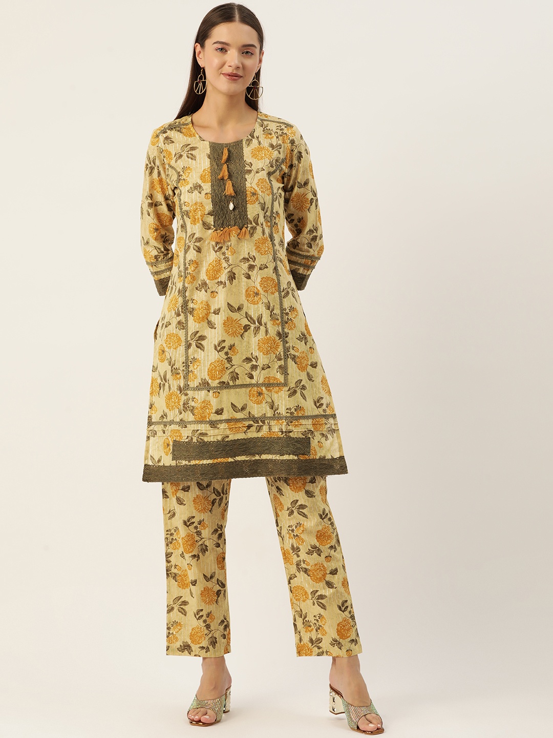 

MISRI Floral Printed Regular Pure Cotton Kurti with Trousers, Yellow
