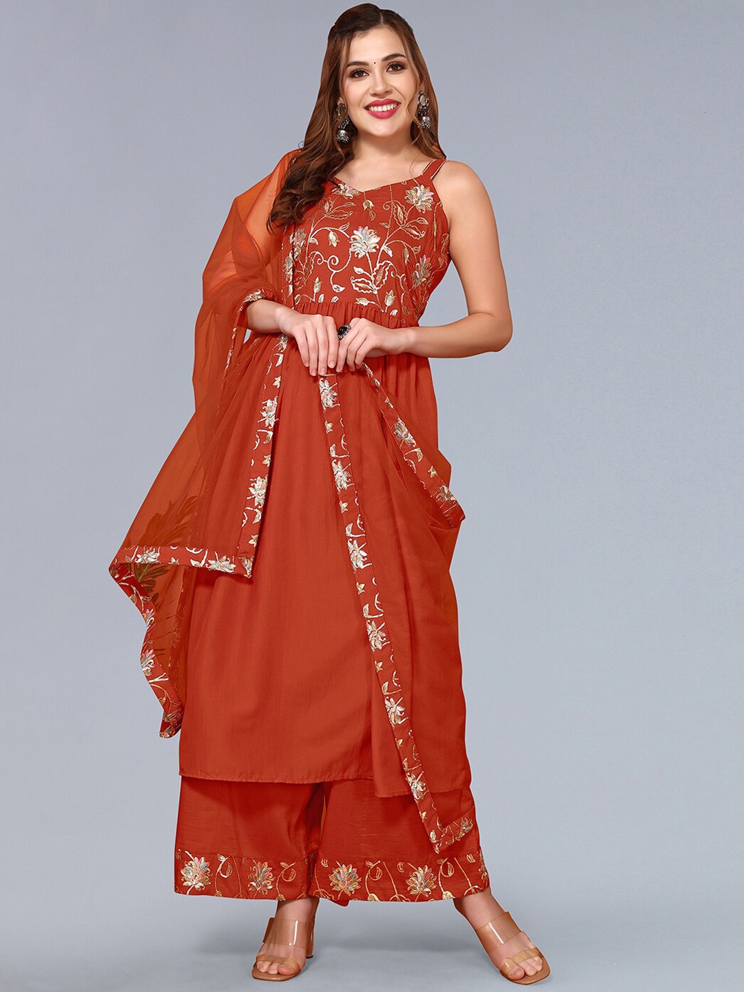 

SKYLEE Rust Floral Embroidered Regular Thread Work Kurta With Trousers & Dupatta
