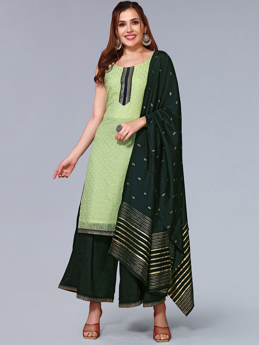 

KALINI Ethnic Motifs Embroidered Thread Work Straight Kurta & Palazzos With Dupatta, Green