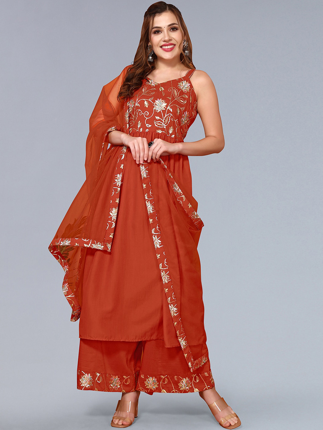 

KALINI Floral Embroidered Anarkali Kurta with Palazzos & With Dupatta, Rust
