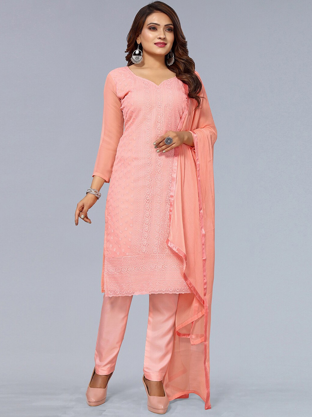 

KALINI Floral Embroidered Regular Kurta with Trousers & With Dupatta, Peach