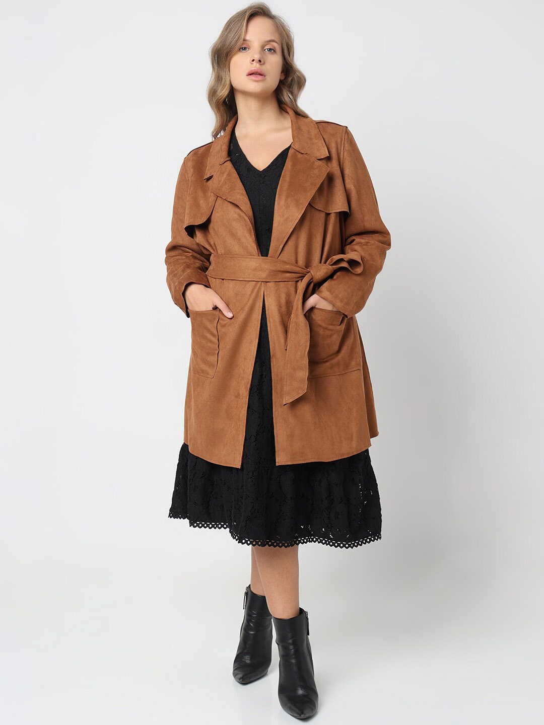 

VERO MODA CURVE Long Sleeves Notched Lapel Tie Up Longline Overcoat, Brown