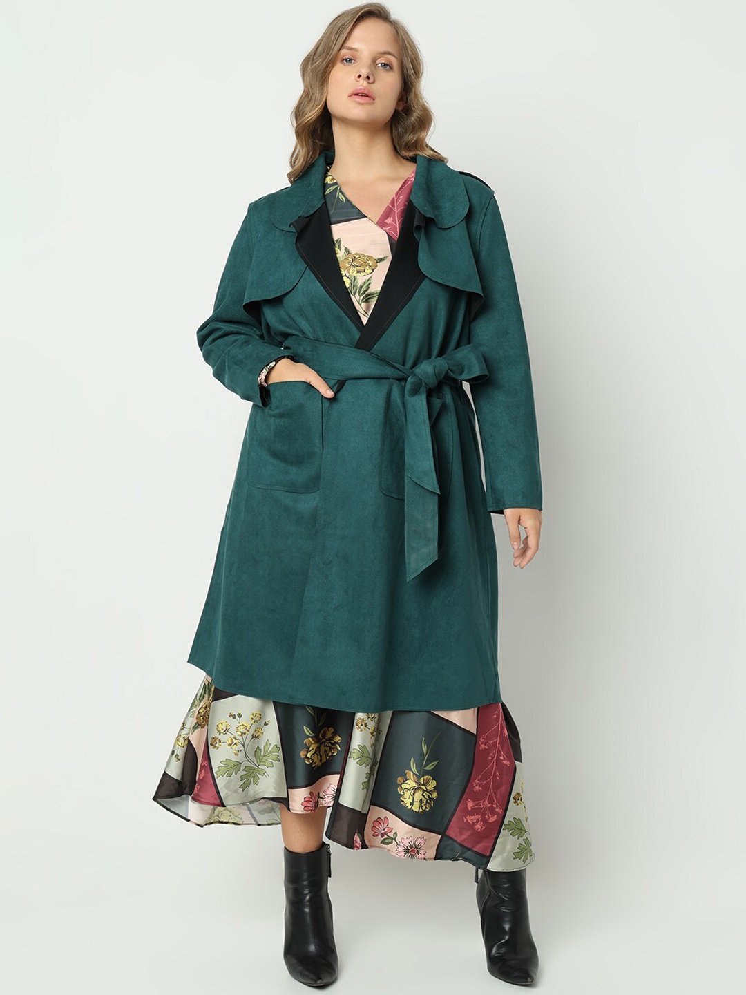 

VERO MODA CURVE Notched Lapel Tie Up Longline Overcoat, Green