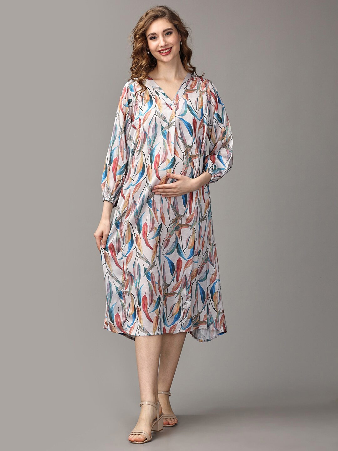 

The Mom Store Floral Print Puff Sleeve A-Line Oversized Cotton Maternity Midi Dress, White