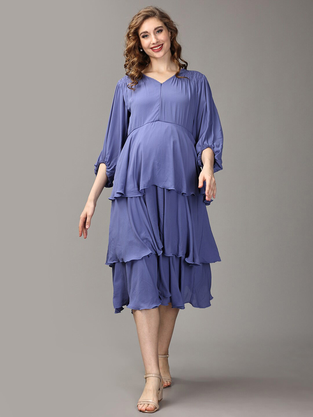 

The Mom Store V-Neck Puff Sleeve Tiered Georgette Fit & Flare Maternity Midi Dress, Blue