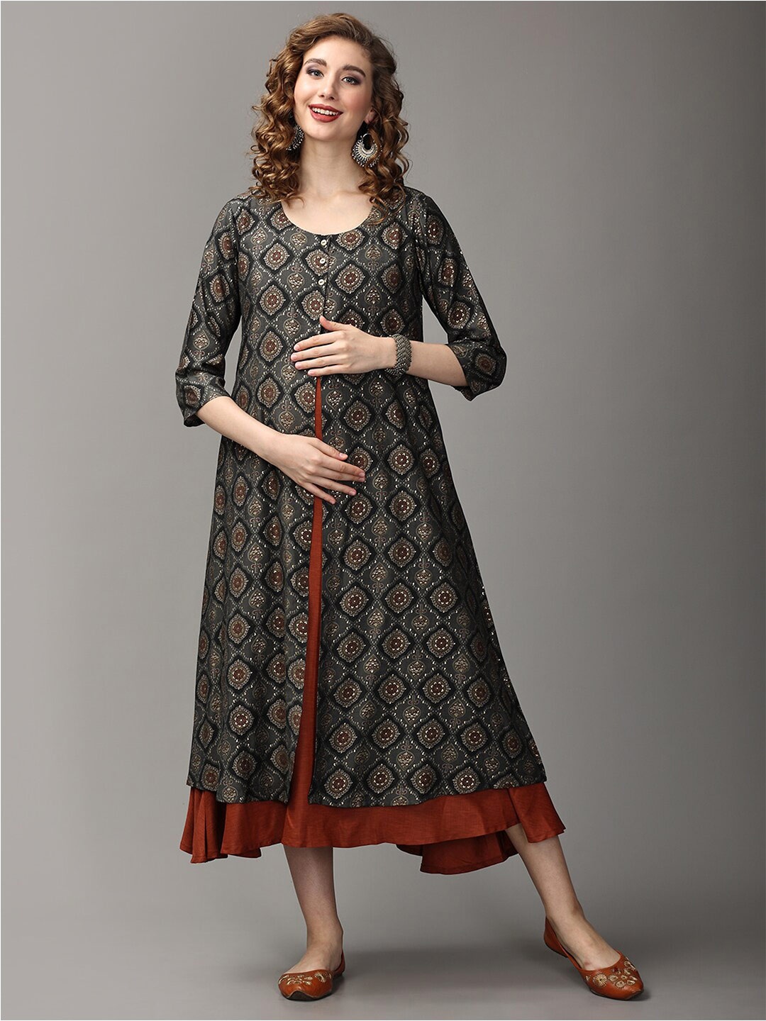 

The Mom Store Round Neck Sleeveless Cotton Maternity Ethnic Dress With Shrug, Mustard
