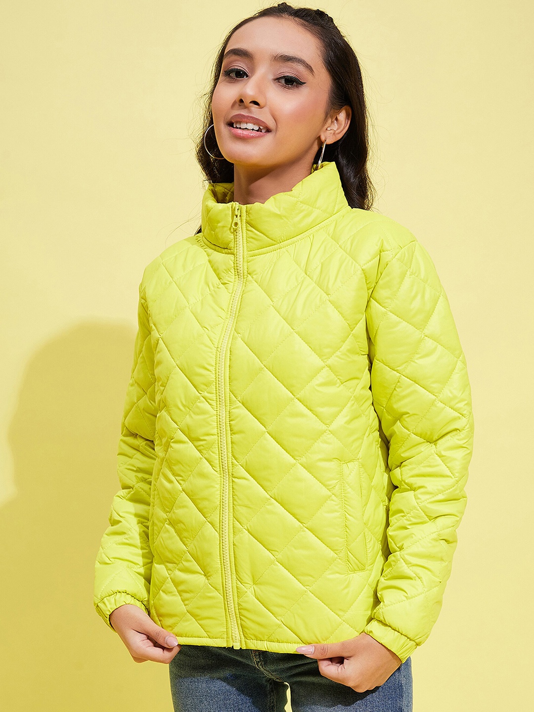 

Noh.Voh - SASSAFRAS Kids Girls Neon Yellow Stand Collar Quilted Jacket