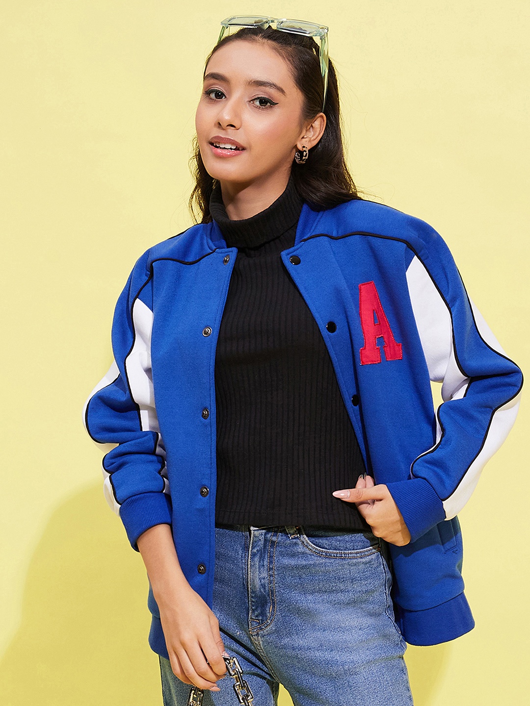 

Noh.Voh - SASSAFRAS Kids Girls Blue Alphabet Appliqued Stand Collar Varsity Jacket