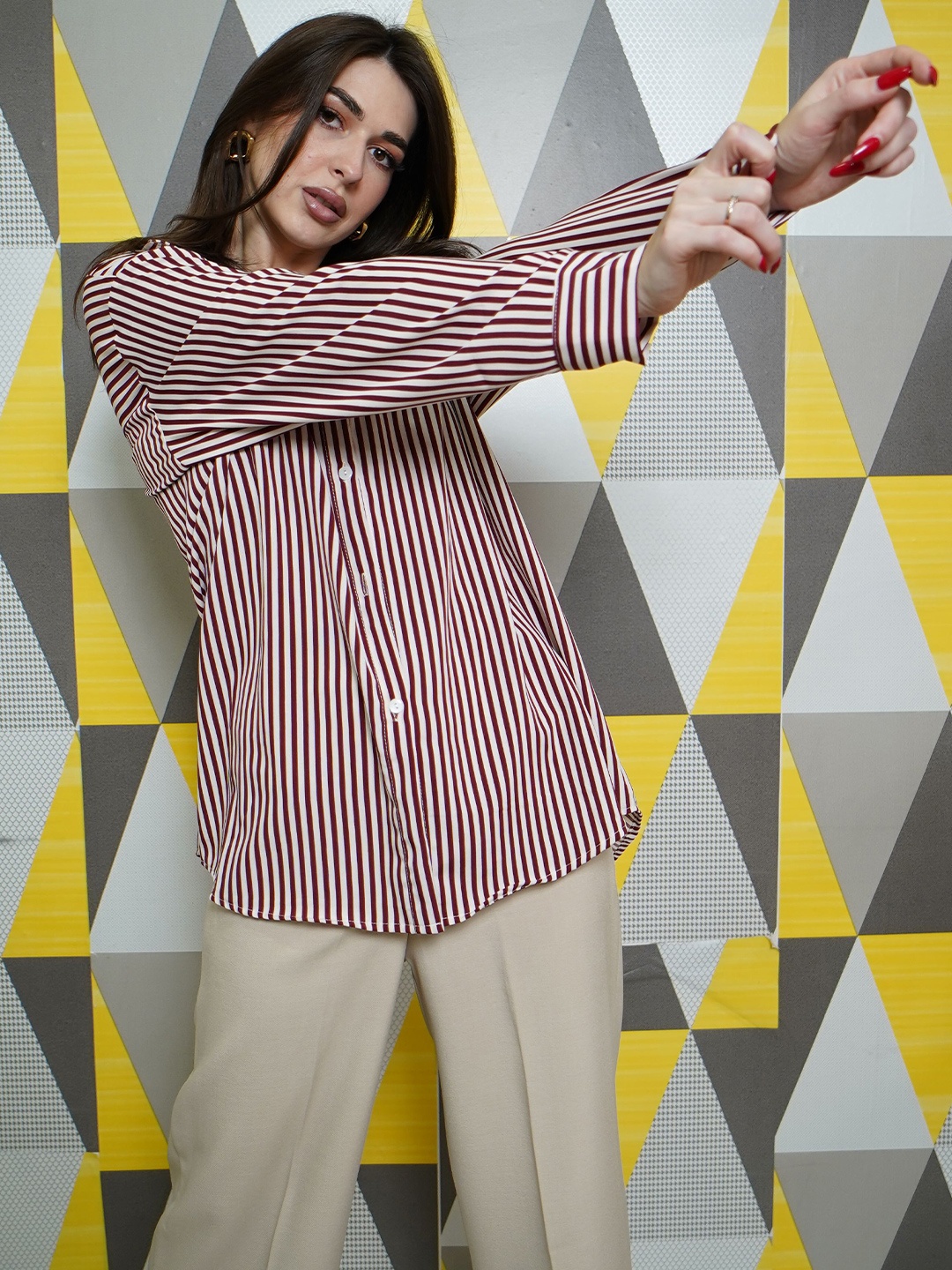 

StyleAsh Vertical Striped Oversized Cotton Casual Shirt, Red