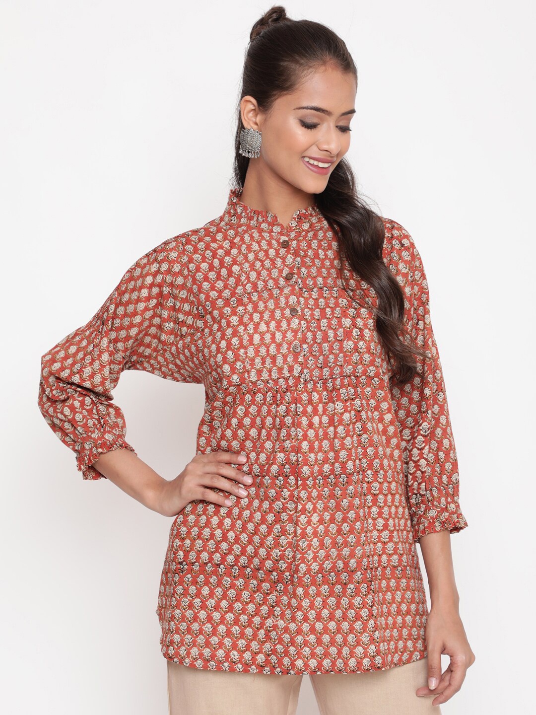 

SAVI Mandarin Collar Printed Cotton Tunic, Rust