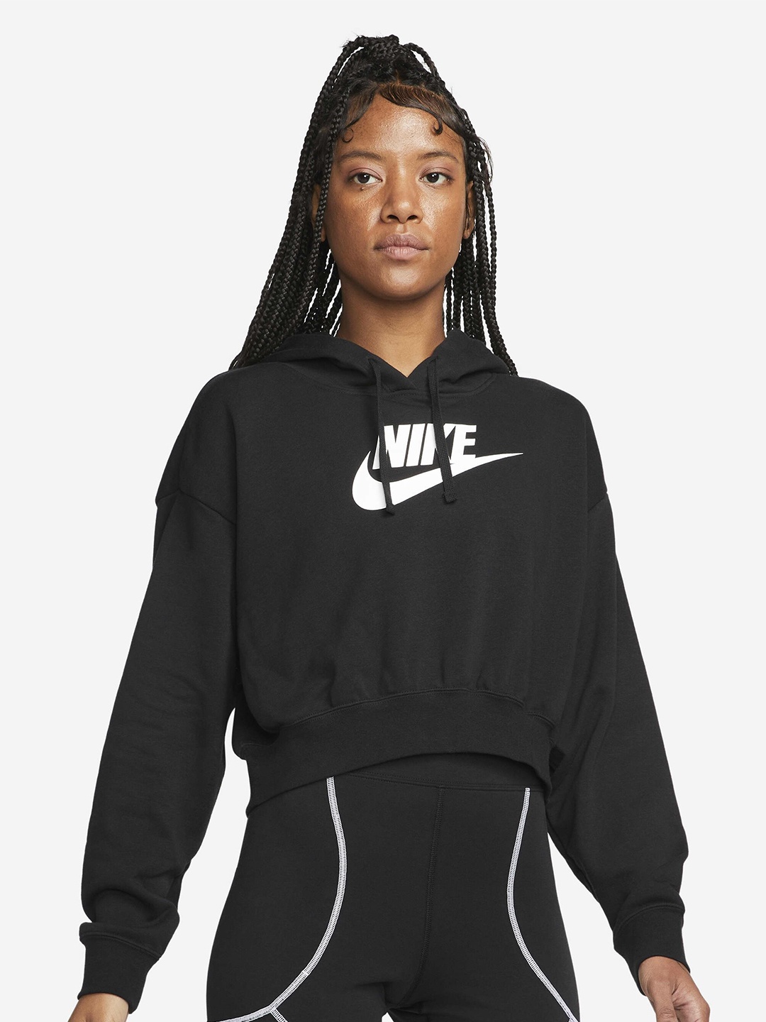 

Nike Sportswear Club Brand Logo Printed Fleece Oversized Crop Hooded Sweatshirt, Black
