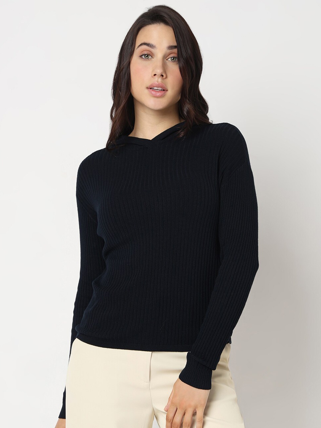 

Vero Moda Ribbed Hooded Long Sleeves Pullover, Navy blue