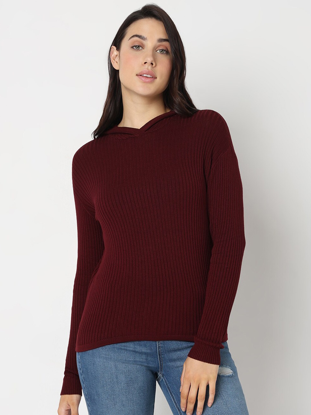 

Vero Moda Ribbed Hooded Long Sleeves Pullover, Maroon