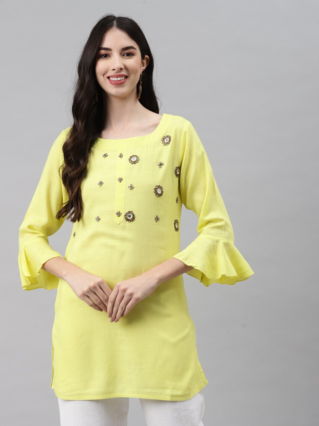 

JC4U Embellished Bell Sleeves Regular Top, Yellow