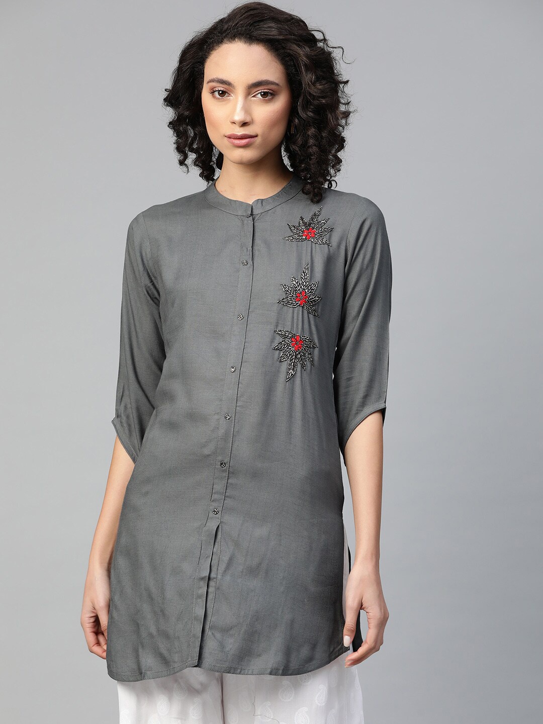 

JC4U Floral Embroidered Mandarin Collar Shirt Style Longline Top, Grey
