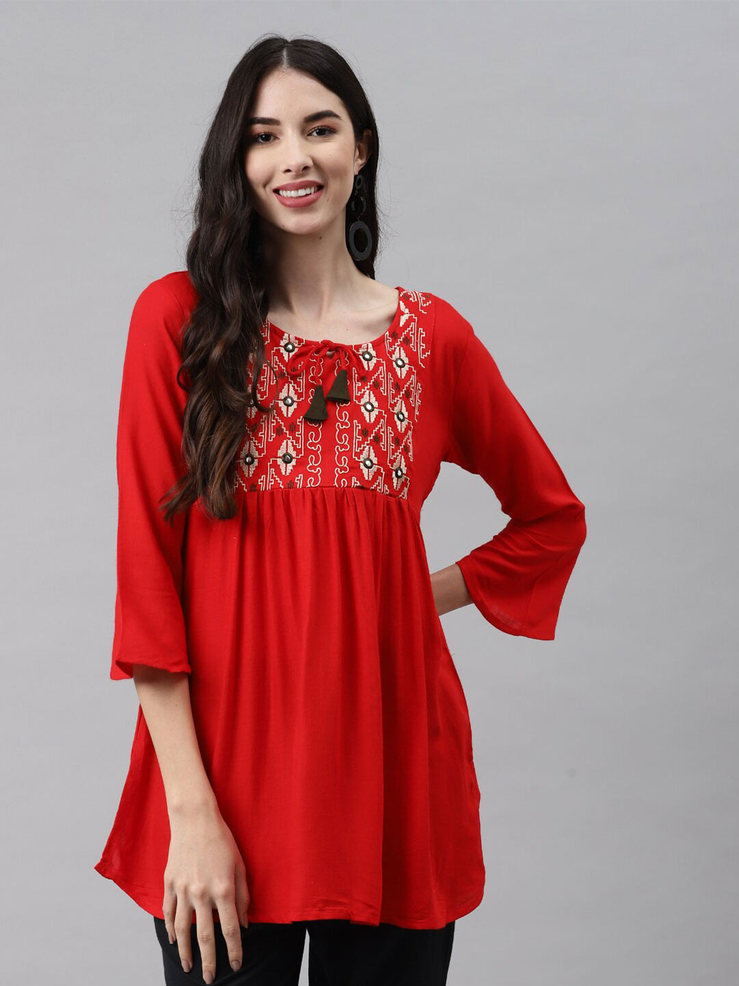 

JC4U Ethnic Motifs Embroidered Tie-Up Neck A-Line Regular Top, Red