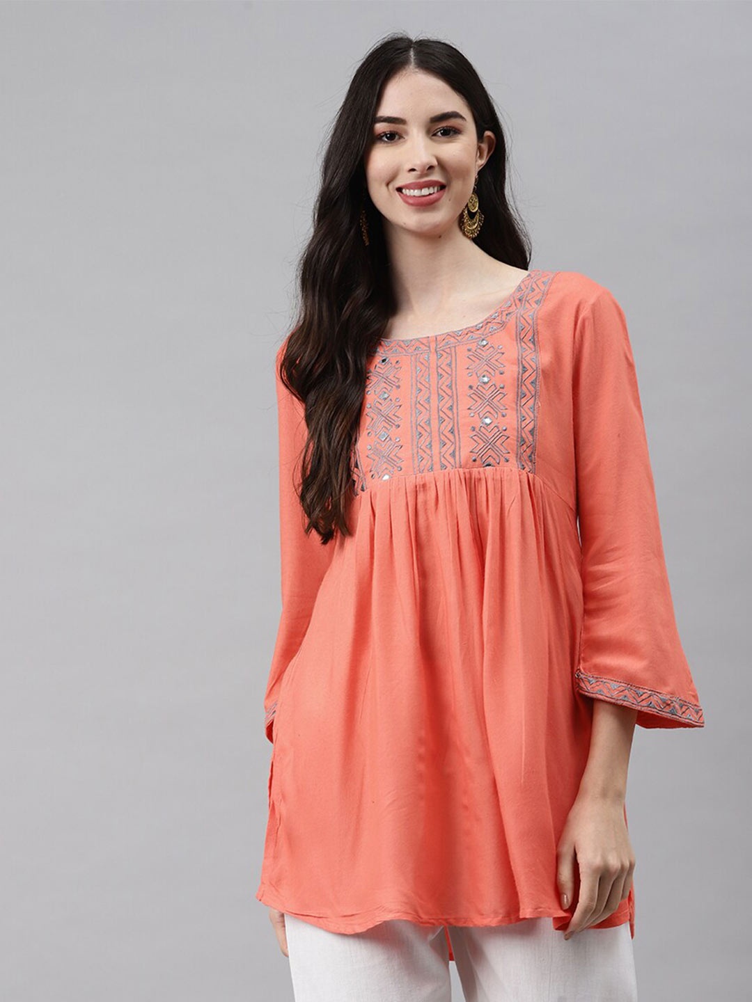 

JC4U Ethnic Motifs Embroidered Anarkali Kurti, Peach
