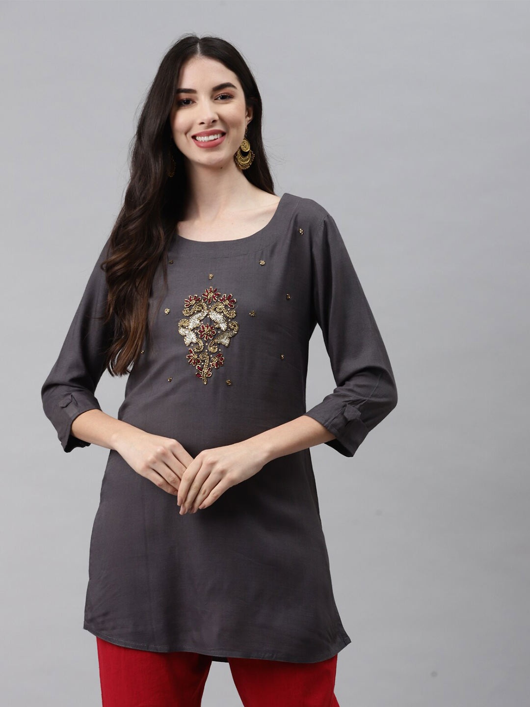 

JC4U Ethnic Motifs Embellished A-Line Top, Grey