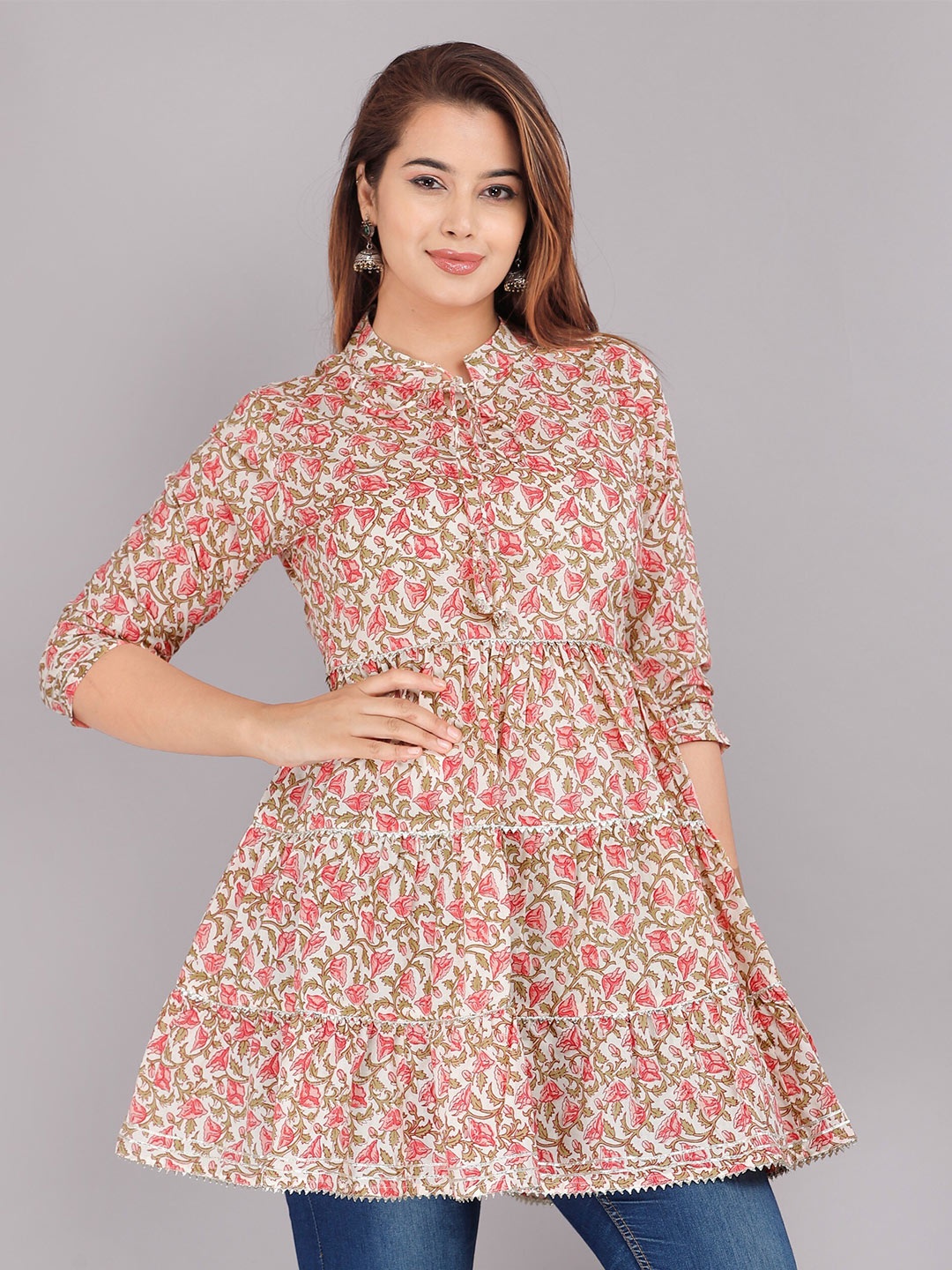 

JC4U Floral Printed Tie-Up Neck Cotton Anarkali Kurti, Beige