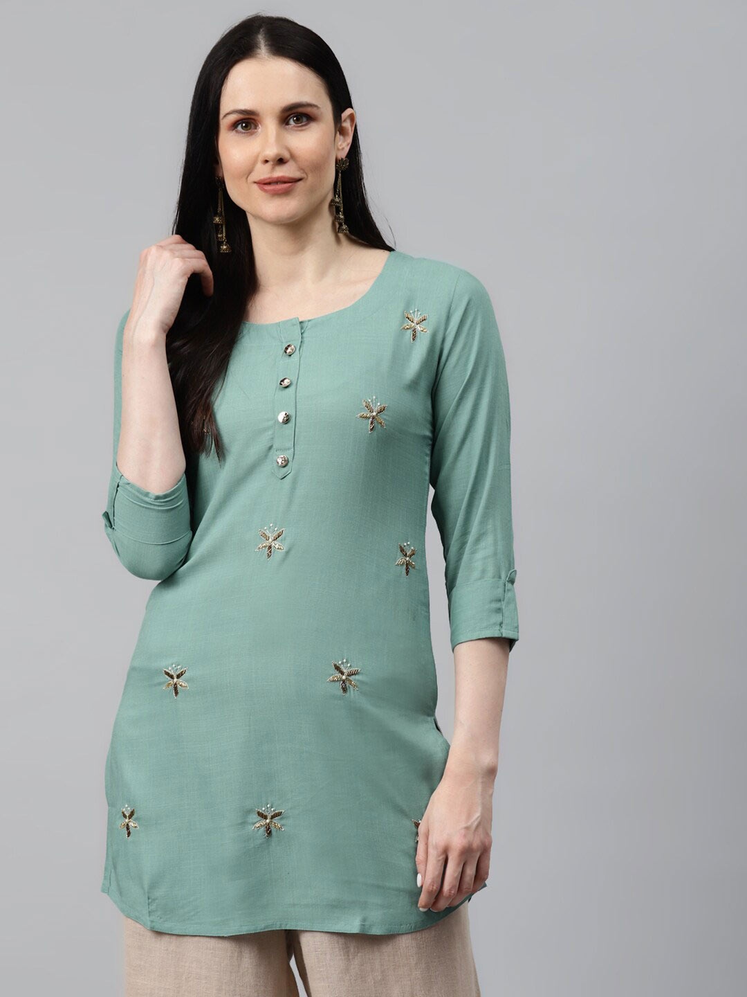 

JC4U Floral Embellished Round Neck A-Line Kurti, Green