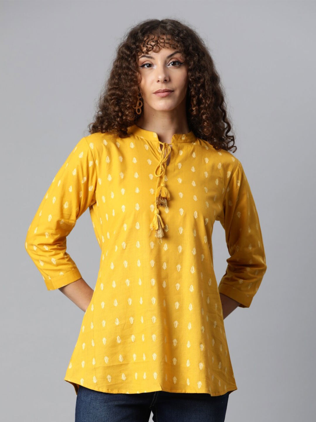 

JC4U Ethnci Motifs Printed Tie-Up Neck Cotton Top, Yellow
