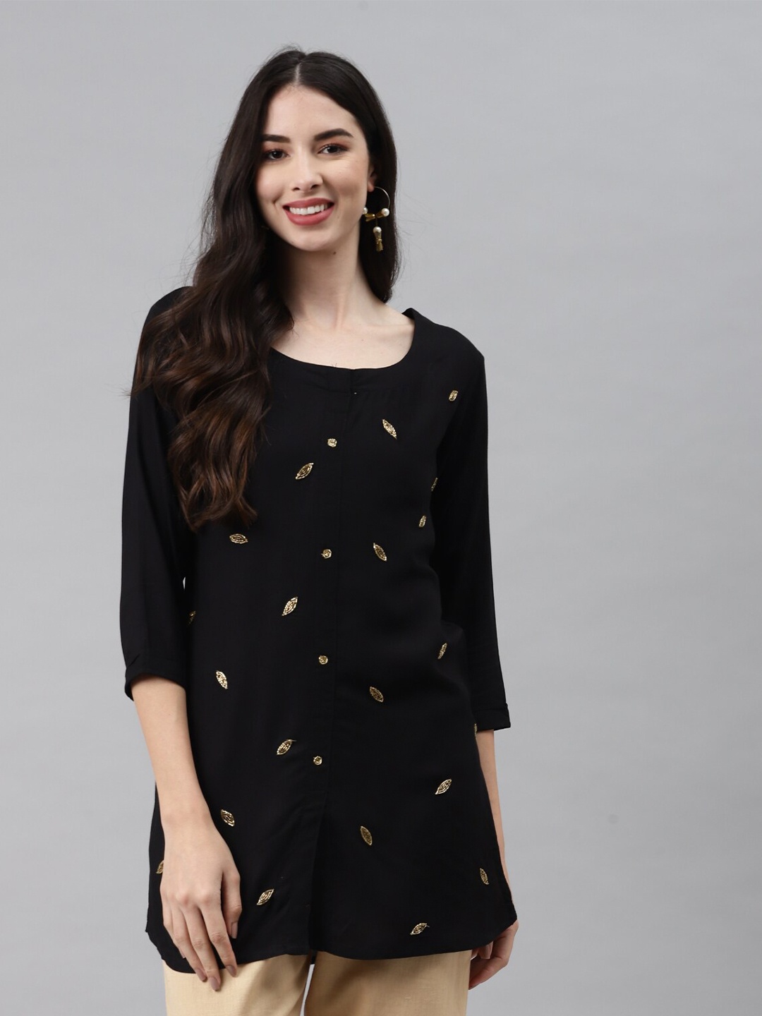 

JC4U Floral Embellished Round Neck A-Line Kurti, Black