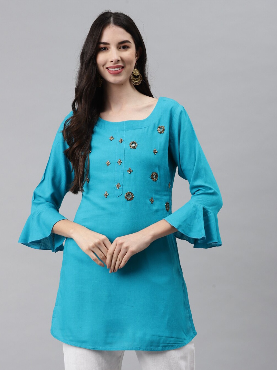 

JC4U Floral Embellished Bell Sleeve Longline Top, Blue