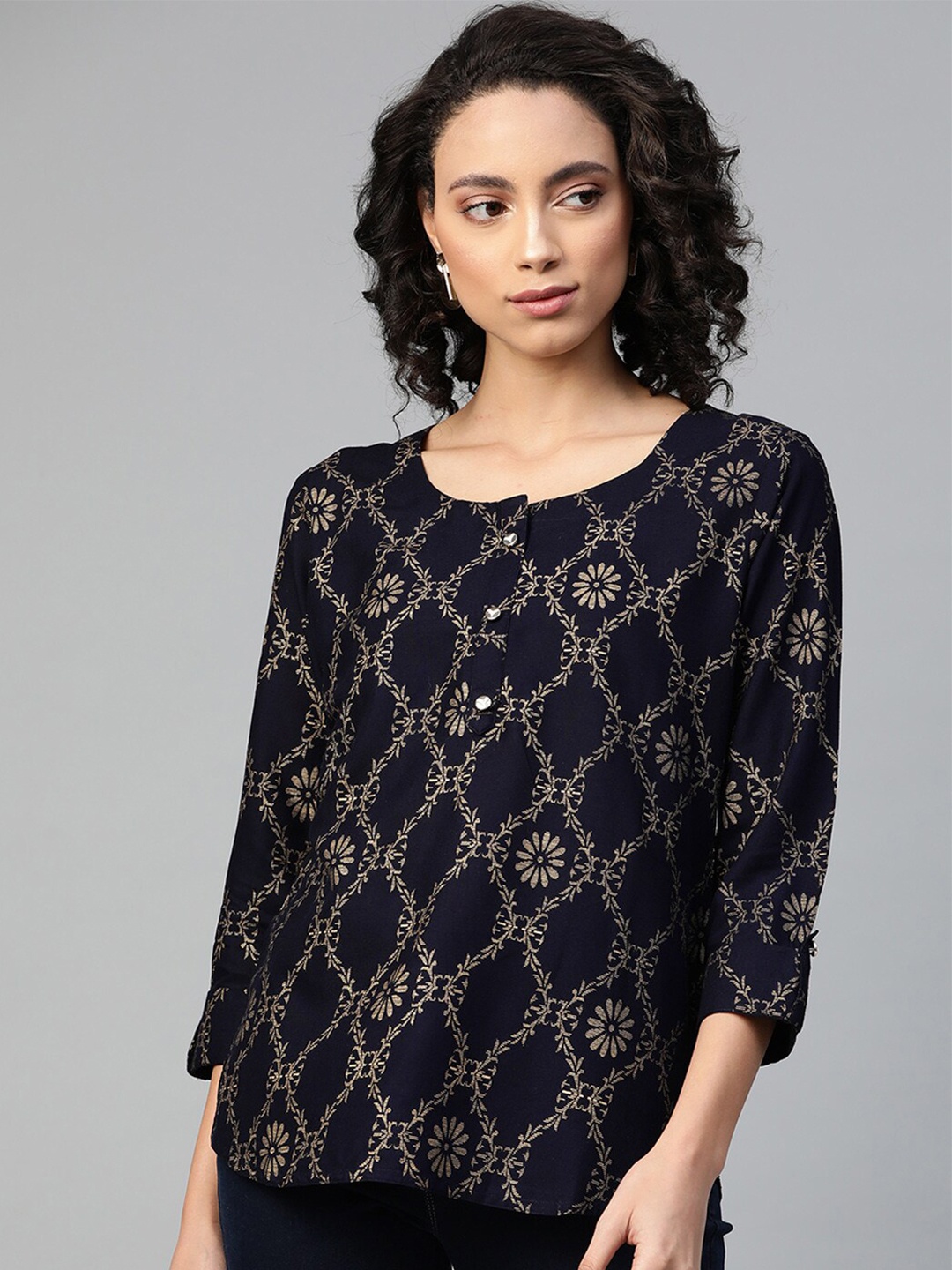 

JC4U Ethnic Motifs Printed Shirt Style Top, Navy blue