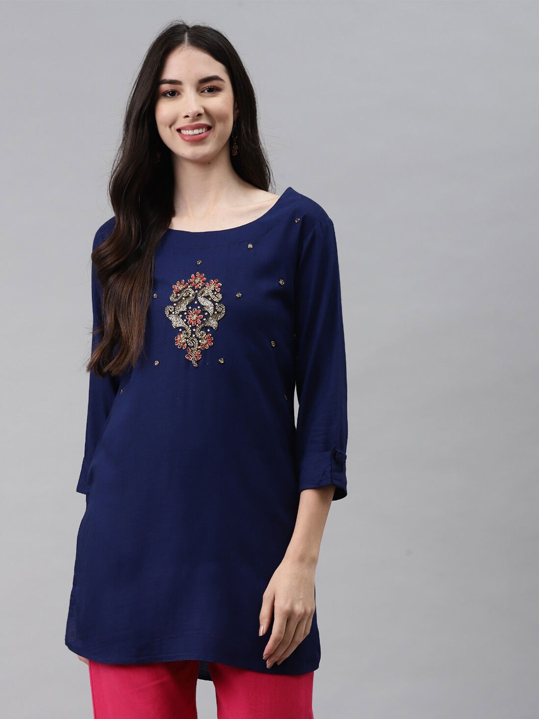 

JC4U Embellished Round Neck Longline Top, Navy blue