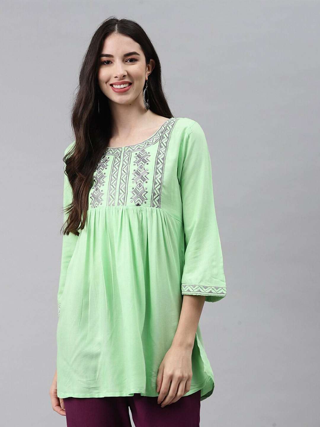 

JC4U Ethnic Motifs Embroidered A-Line Top, Green