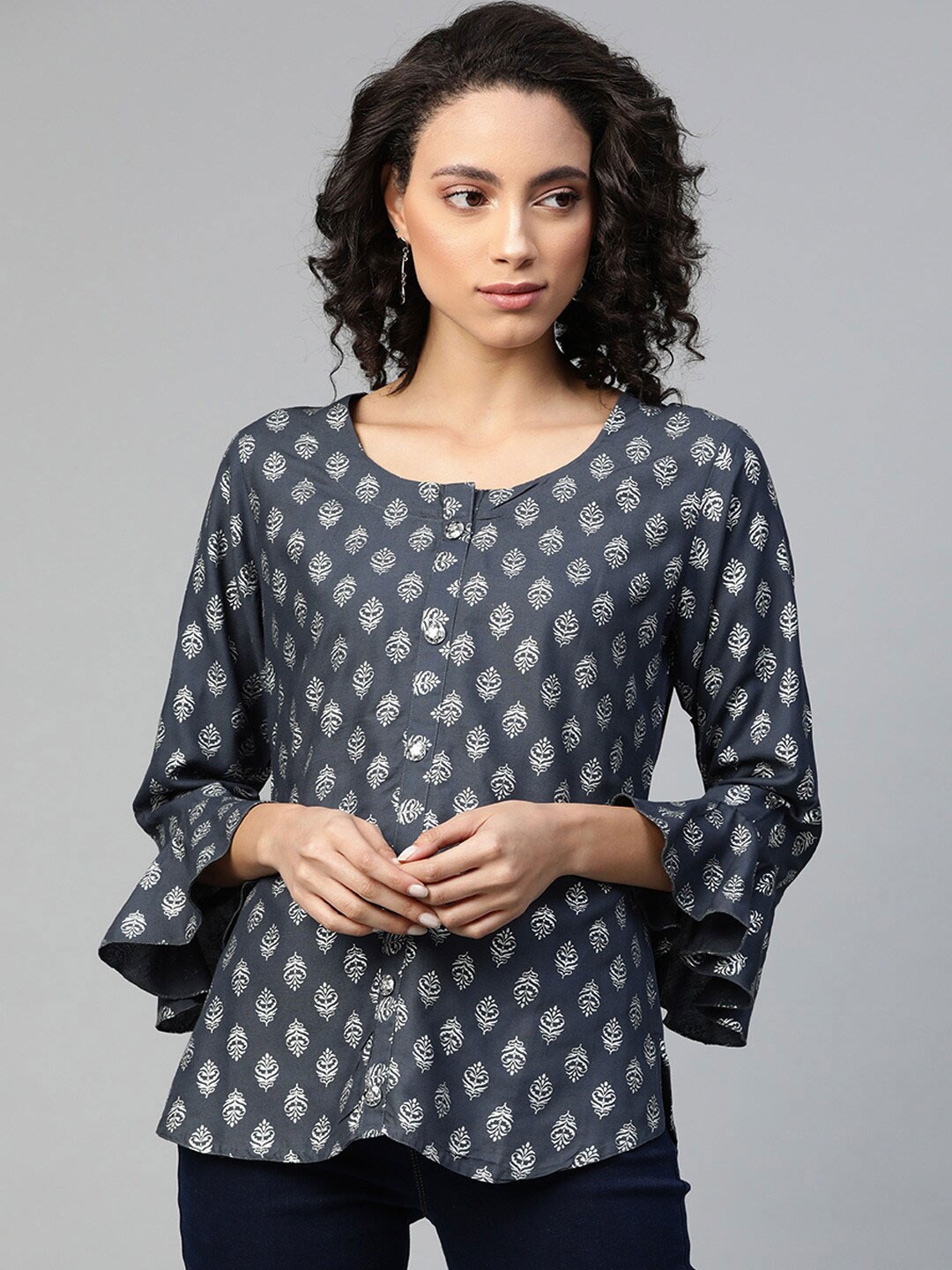 

JC4U Ethnic Motifs Printed Bell Sleeve Top, Grey