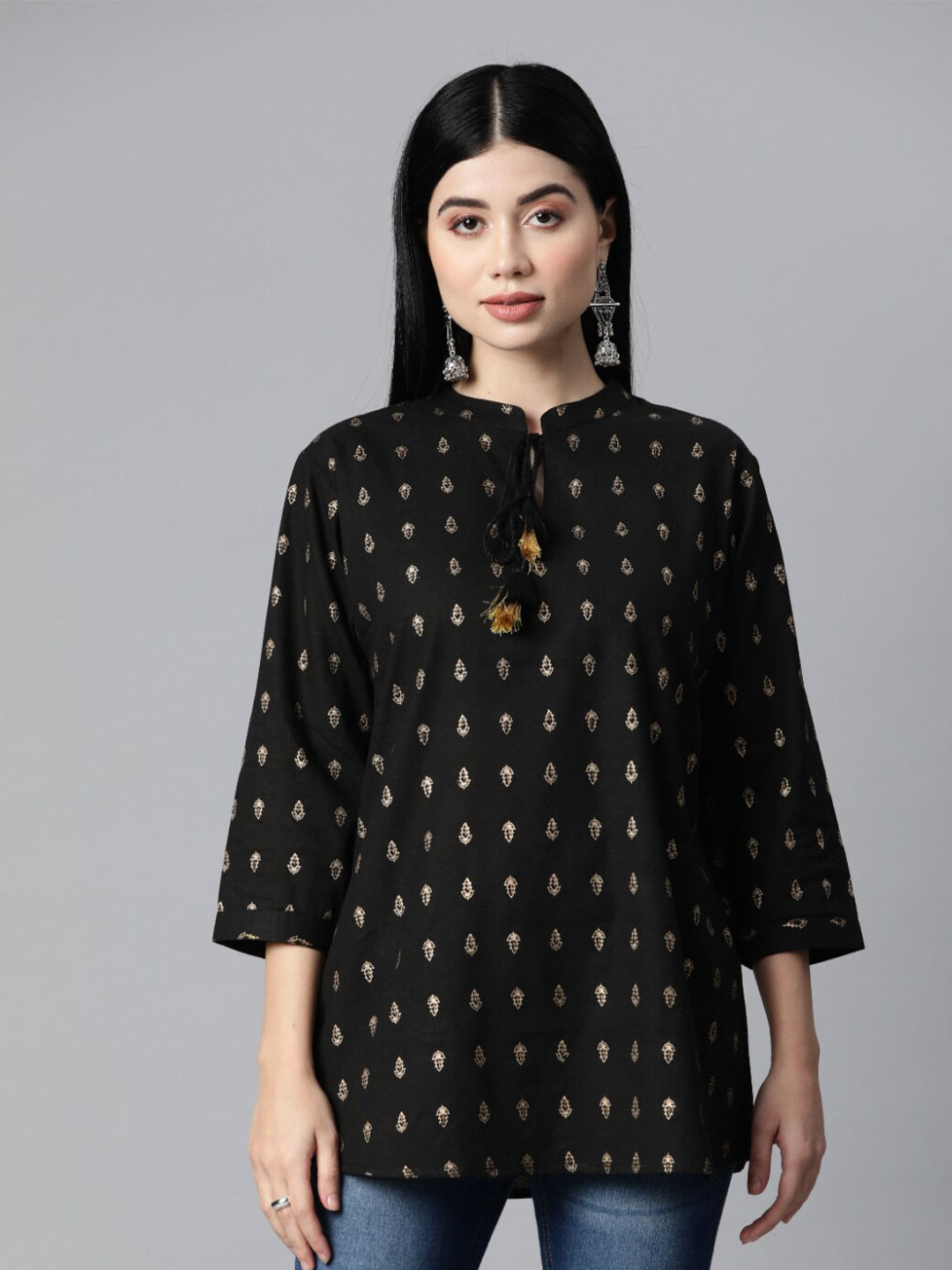 

JC4U Ethnic Motif Printed Mandarin Collar Straight Kurti, Black