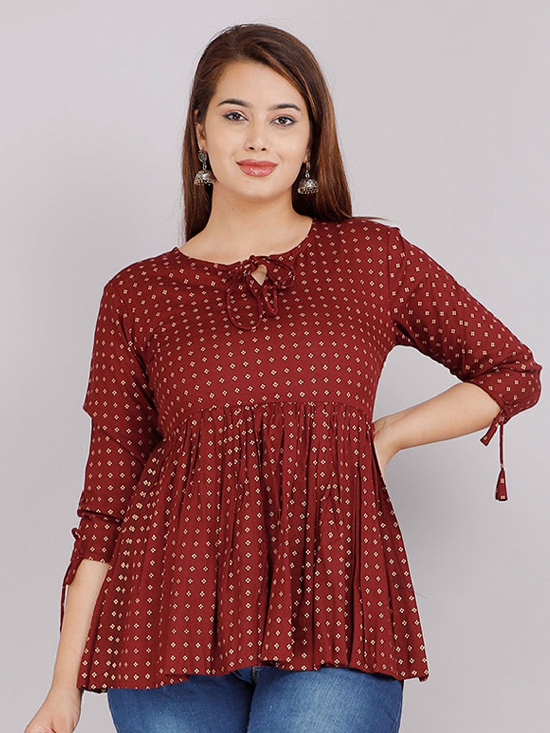 

JC4U Maroon Ethnic Motif Printed Keyhole Neck Cotton Peplum Top