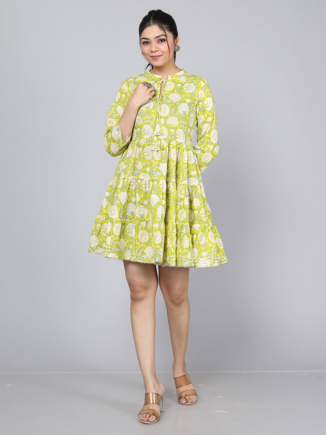

JC4U Floral Printed Cotton Fit and Flare Dress, Green