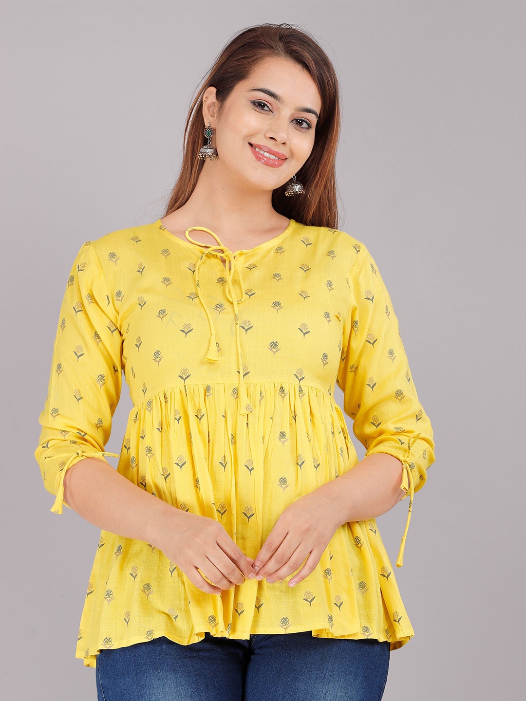 

JC4U Floral Printed Tie Up Neck Empire Top, Yellow