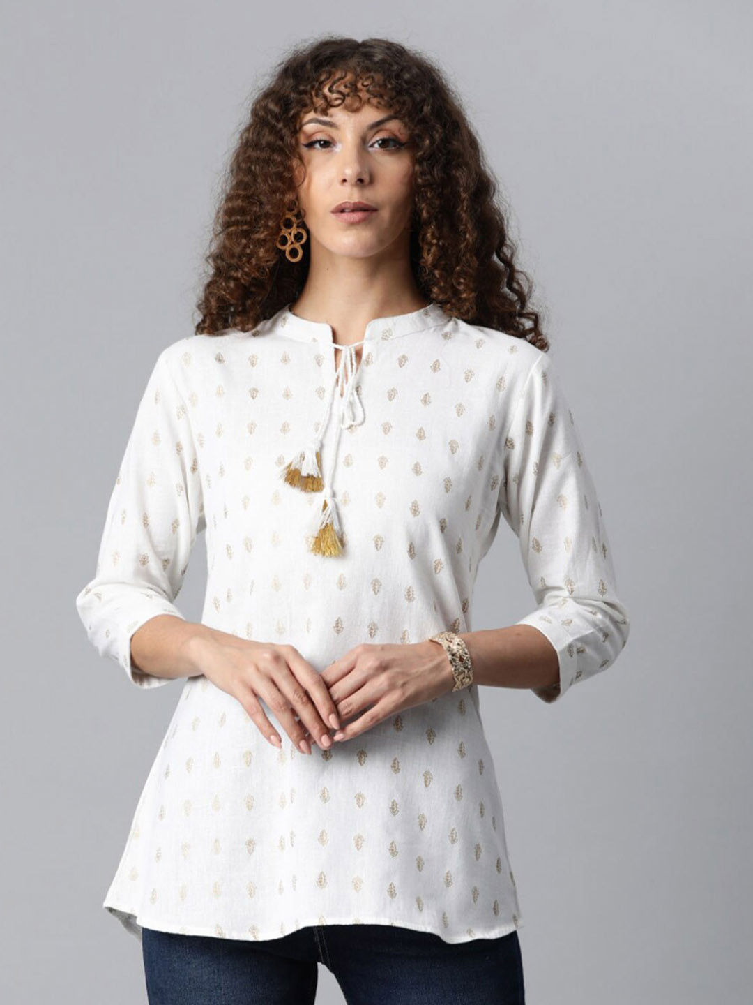 

JC4U Ethnic Motifs Printed Tie-Up Neck Cotton A-Line Top, White