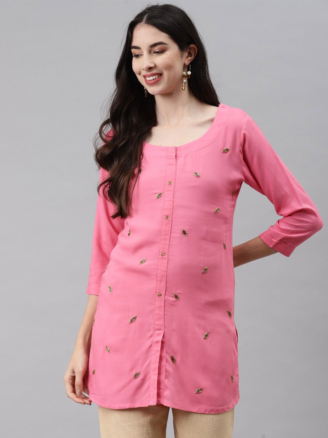

JC4U Round Neck Beads and Stones A-Line Kurti, Pink