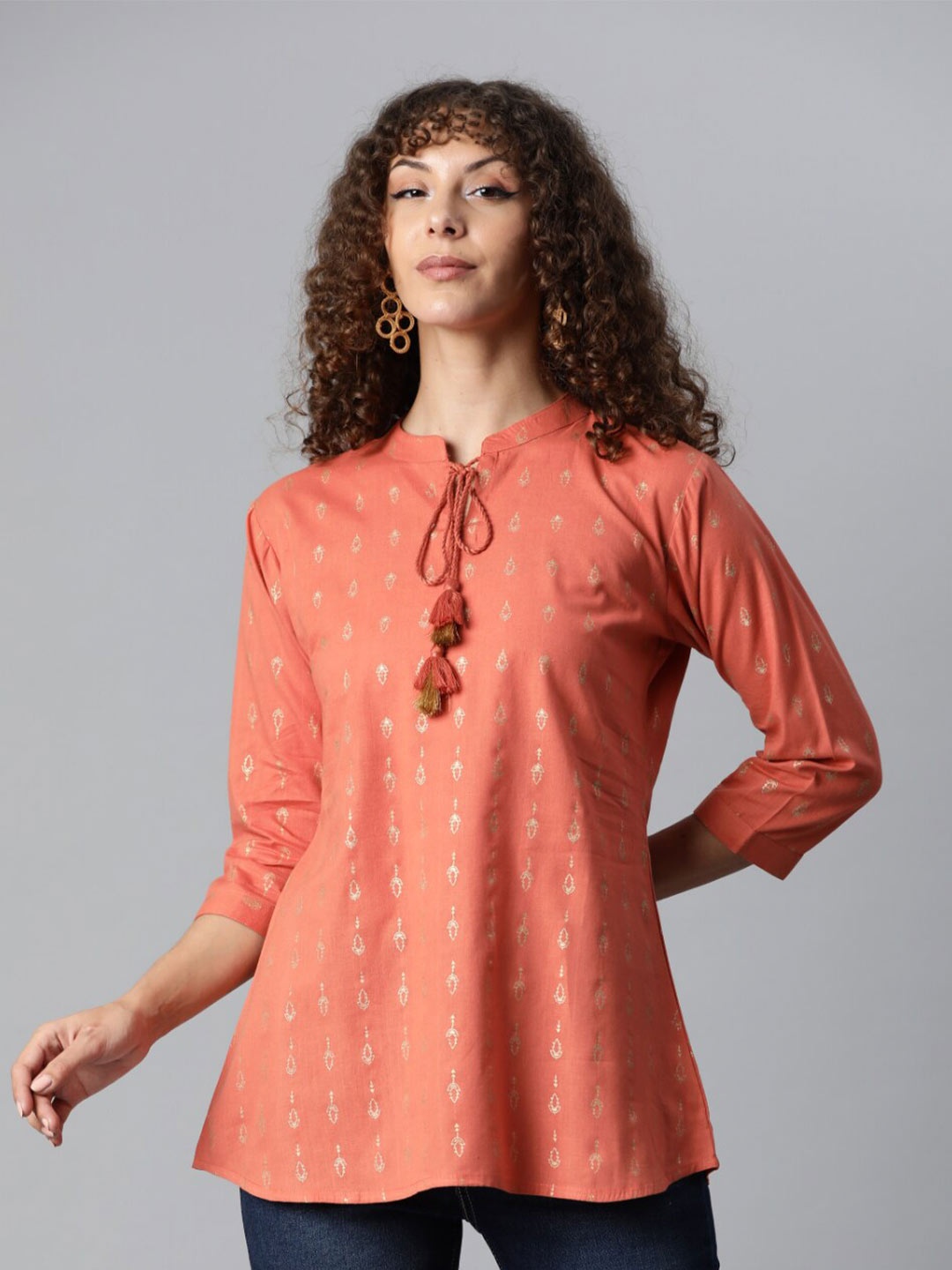 

JC4U Ethnic Motifs Printed Tie-Up Neck Cotton A-Line Top, Rust