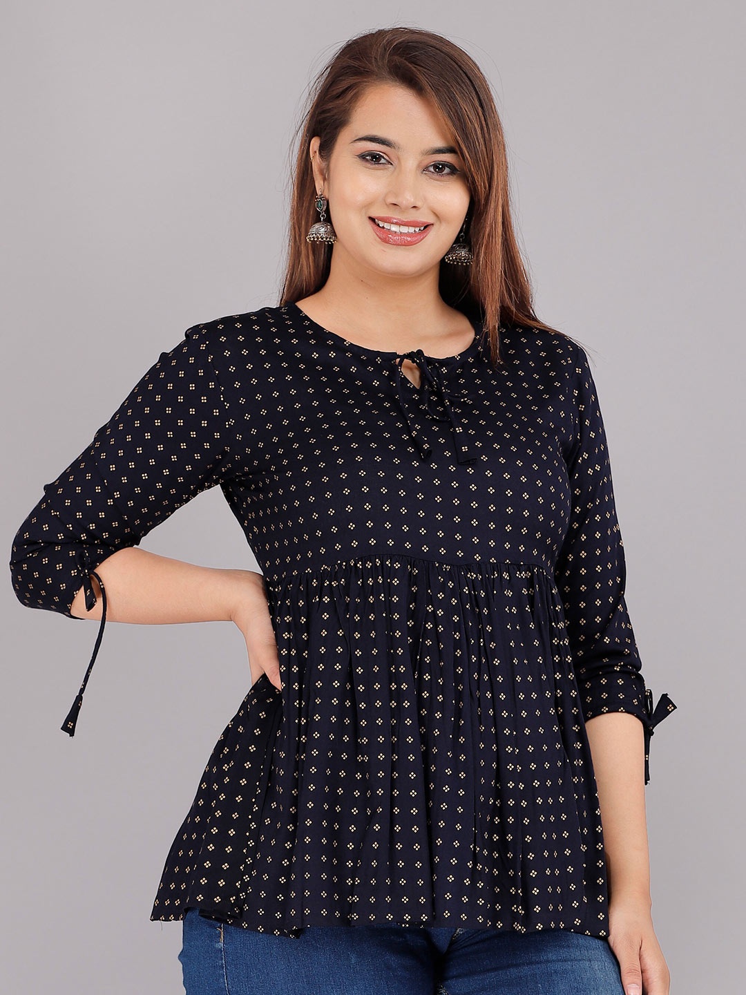 

JC4U Geometric Printed Gathered A-Line Regular Top, Navy blue